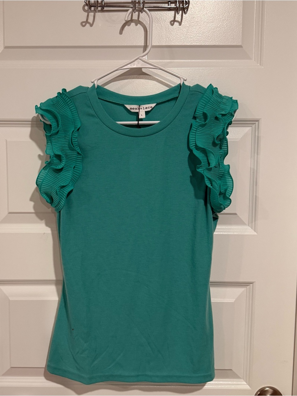 Mesh + Lace Teal Ruffle Sleeve Ribbed Top